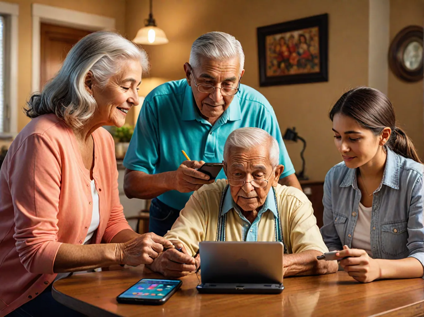 Teen teaching elderly couple how to use their device